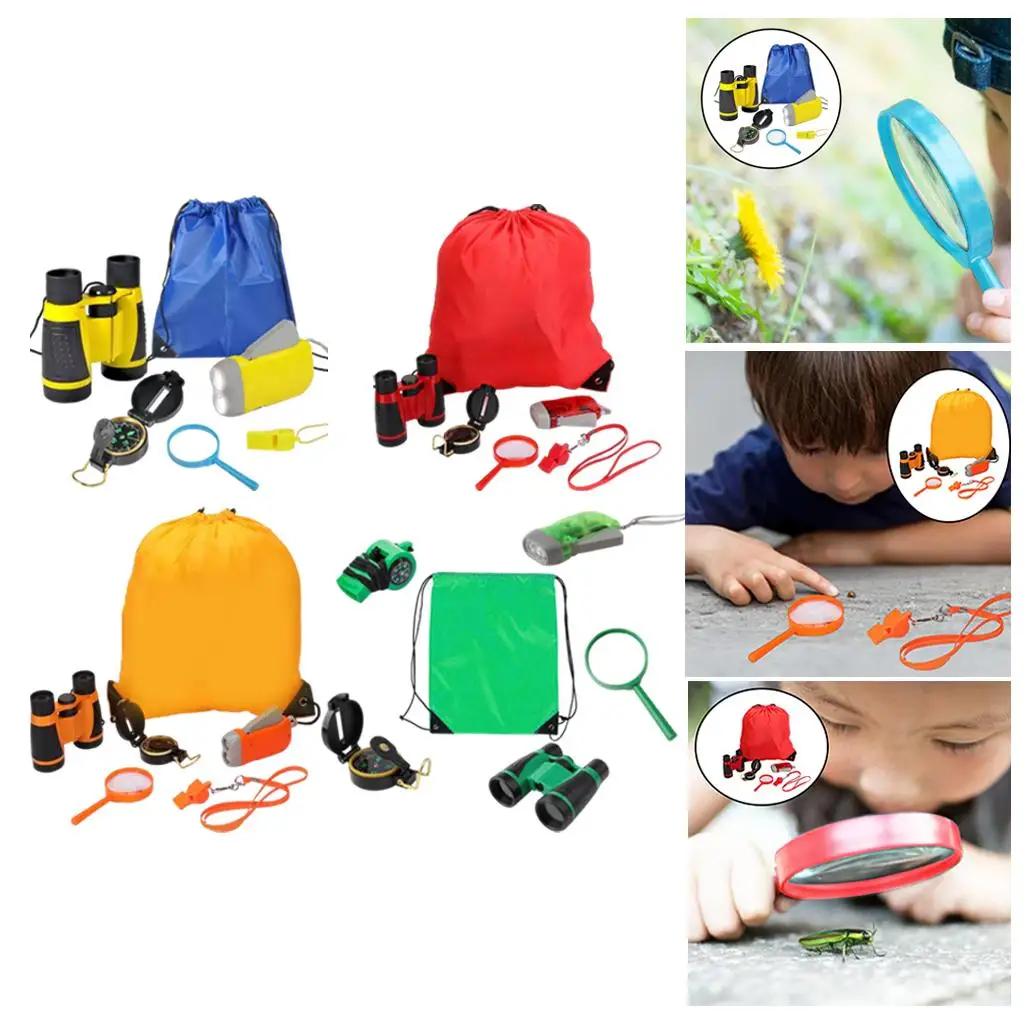 

Outdoor Explorer Kit Binocular Drawstring Bag Educational Whistle Compass Magnifying Glass Exploration Set for Camping