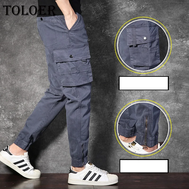 

Брюки-карго мужские однотонные, брюки-султанки в стиле пэчворк, много карманов, повседневные дышащие удобные спортивные штаны, осень