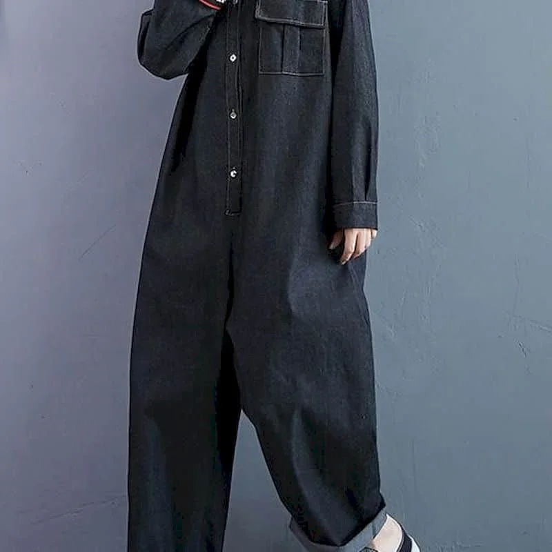 Новый джинсовый комбинезон женский синий с длинными рукавами высокая талия