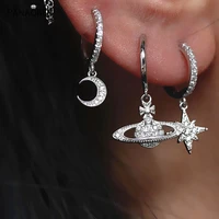 panaoben 925 sterling silver earrings for women light luxury star and moon shape exquisite crystal zircon saturn hoop earings
