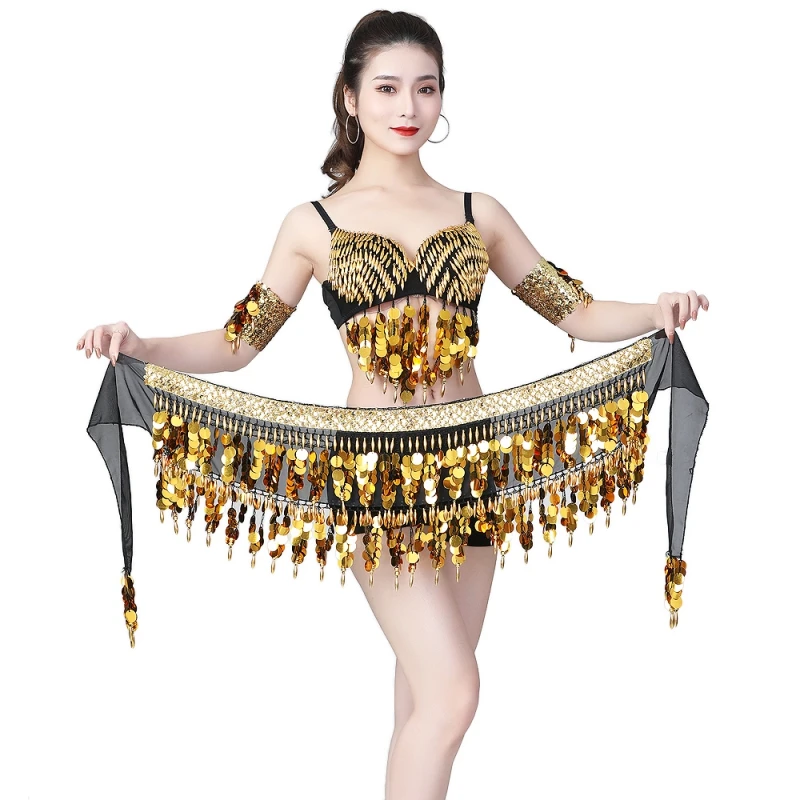 Women Belly Dance Hip Scarf Accessories 3 Row Belt Skirt With Gold bellydance Tone Coins Waist Chain Wrap Adult Dance Wear