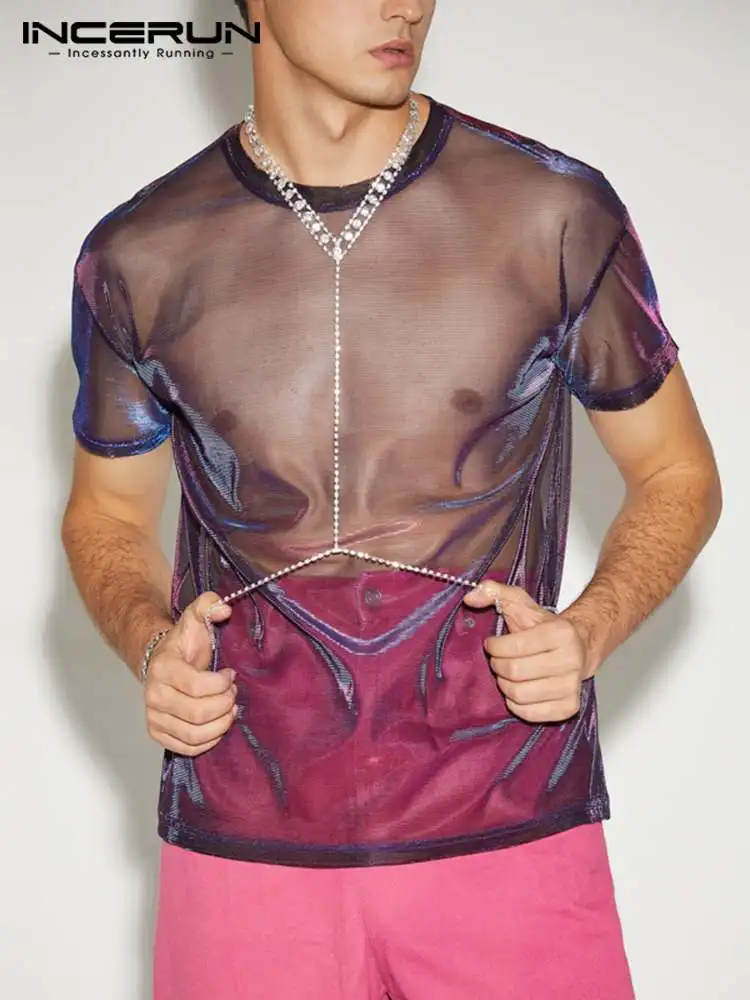 

Футболка INCERUN Мужская сетчатая, прозрачная, однотонная, с круглым вырезом и коротким рукавом, пикантная, блестящая футболка, топы 2022, уличная...