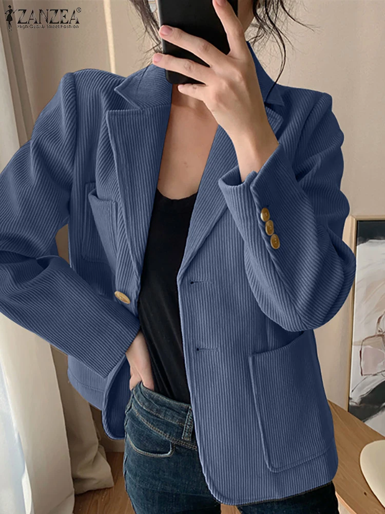

ZANZEA Elegant Women Blazer Office Autumn OL Casual Suit Jackets Corduroy Korean Fashion Long Sleeve Notched Collar Blazer Coats
