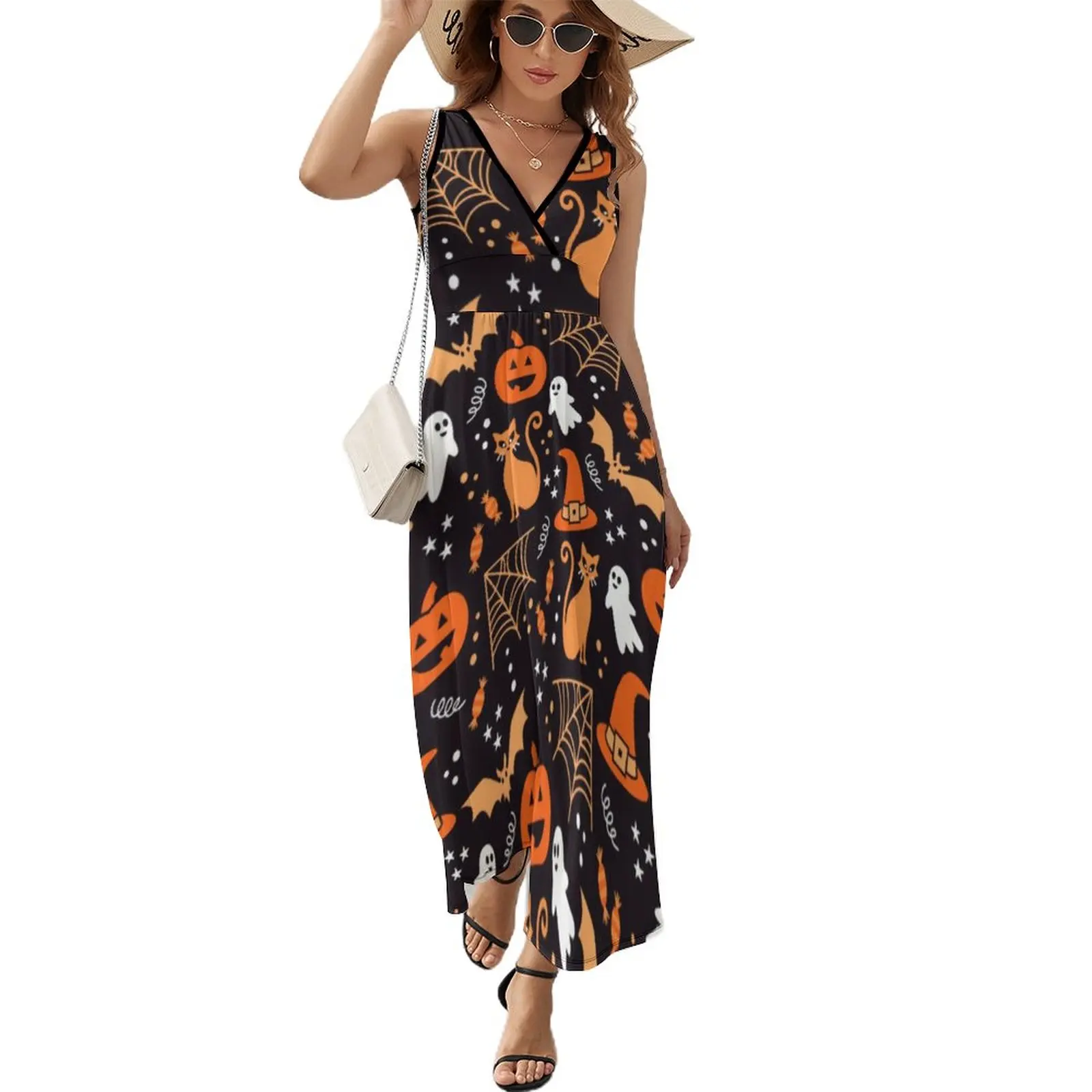 

Spooky Halloween Dress Skull And Pumpkins Simple Bohemia Long Dresses Womens Cute Maxi Dress Print Vestidos Gift