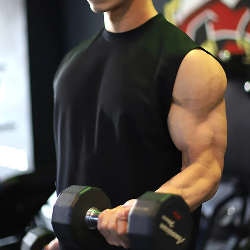 

Летняя новая футболка без рукавов для фитнеса, Мужской Свободный дышащий тренировочный жилет, однотонный жилет, мужские майки, футболка, од...