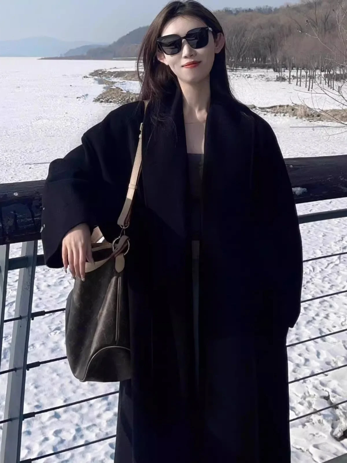 Black High Sense Double-sided Wool coat Women 2024 Winter New Woolen Jacket Small Korean Series Mid-Length |