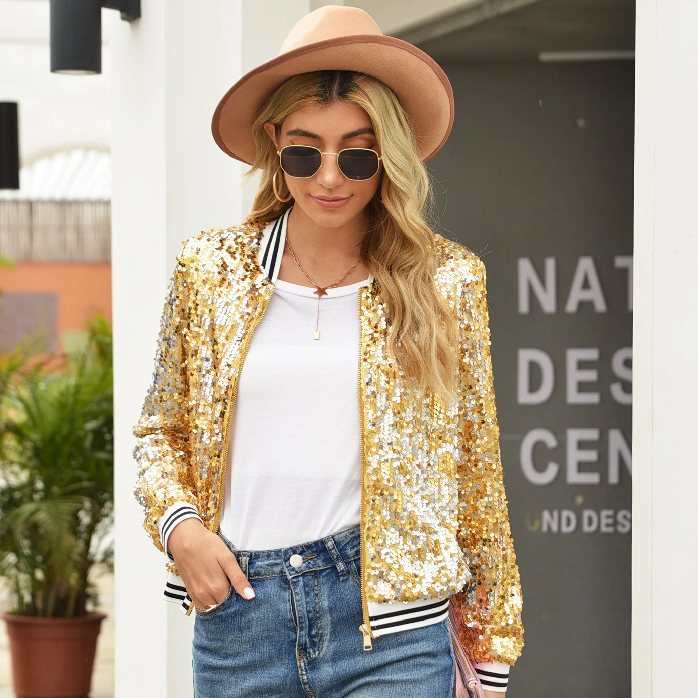 

New Women's Jacket Sequin Zipper Long Sleeve Solid Color Spring Autumn Fashion Slim Cropped Party Ball Coat Streetwear Female