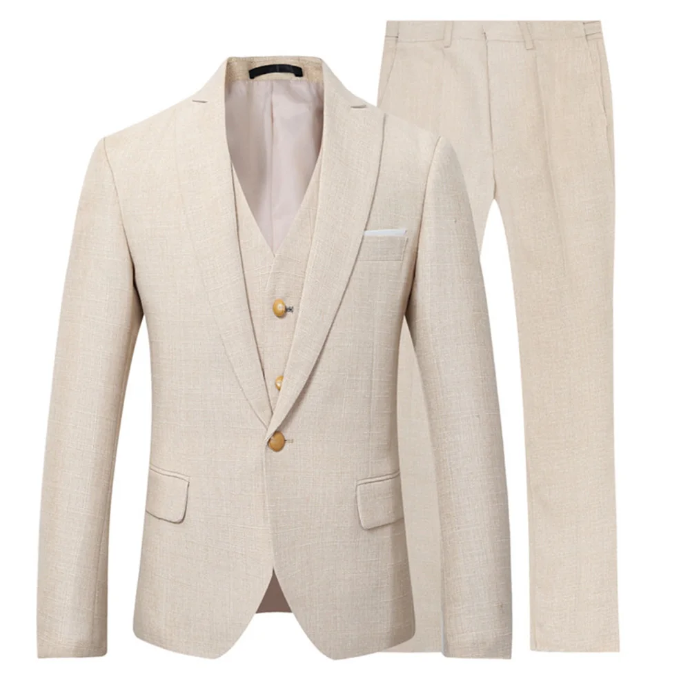 

Men 3 Pieces Party Ivory Formal Linen Wedding Suit Casual Summer Beach Groom Slim Fit Suit Blazer Tuexedos Custom