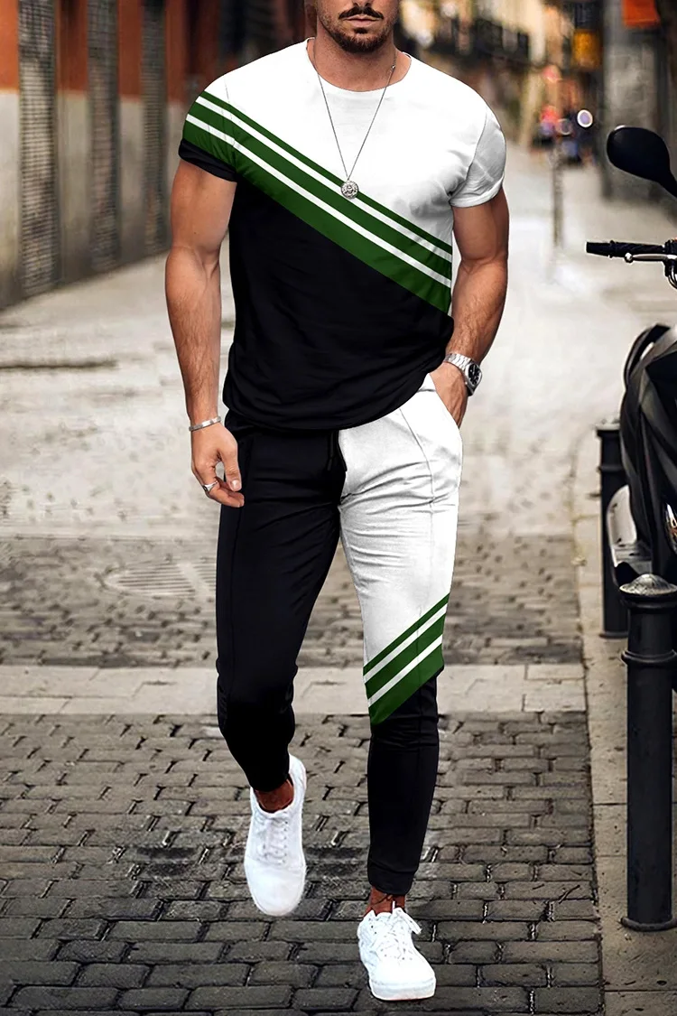 New Arrival Men's Sports Trousers Sets Outfit Tracksuit 2Piece Set Summer T shirt Trousers for Men Short T Shirt+Long Pants Sets