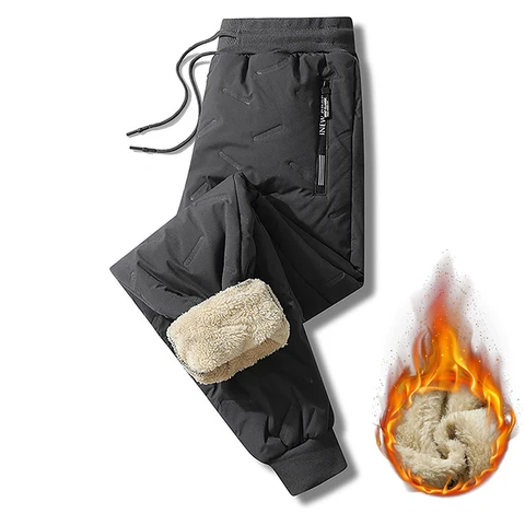 Зимние Утепленные флисовые брюки для мужчин, 2024 повседневные хлопковые брюки, модные пуховые брюки из овечьей шерсти, спортивная одежда, однотонные брюки на шнуровке