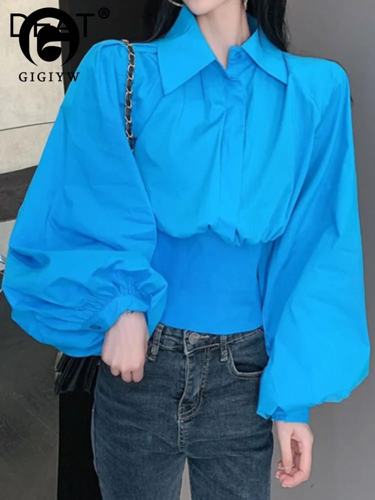 

GIGIYW Fashion Women's Shirt Turn-down Collar Puff Sleeve High Waist Loose Solid Color Blouse Female Autumn 2023 New