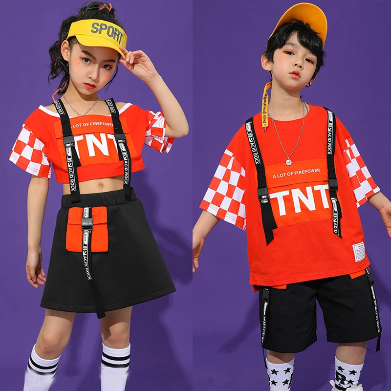 

Новинка, детская джазовая одежда, танцевальные костюмы в стиле хип-хоп, оранжевый топ с короткими рукавами для девочек, шорты, юбка для мальч...