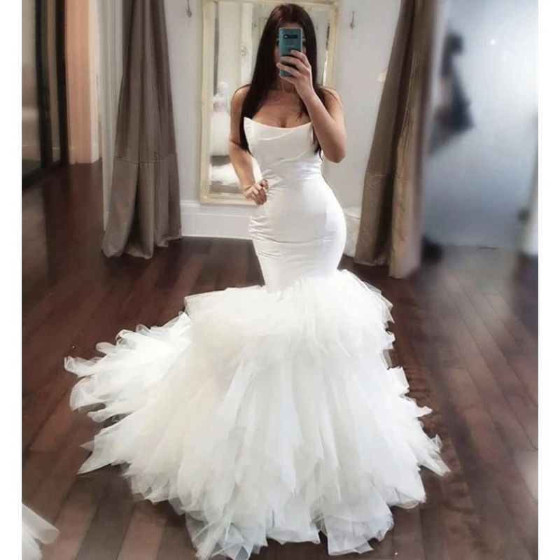 Mermaid Wedding Dresses Ivory Scoop Sleeveless Sweep Train Tulle Pleated Wedding Dresses Lace Up Bridal Gowns