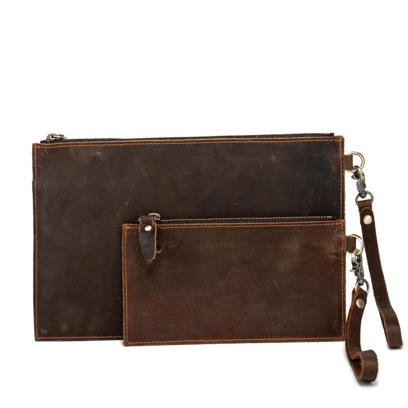 Men's Crazy Horse Leather Handbag Vintage First Tier Cowhide Large Capacity Envelope Bag Clip Bag Mobile Phone Clutch