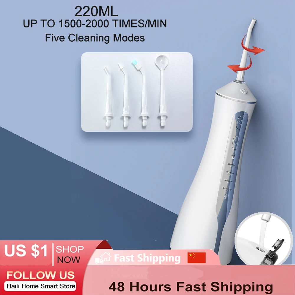 

Oral Irrigator Dental Water Flosser Portable USB Rechargeable Water Jet Floss Tooth Whitening 360° Rotating 4 Modes IPX7 220ml