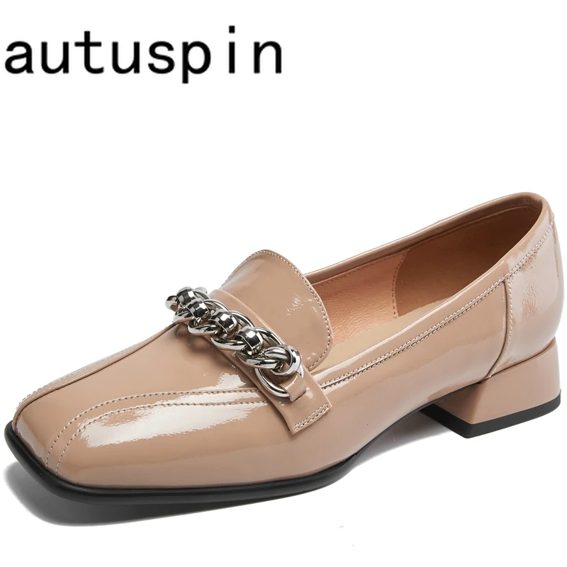 

AUTUSPIN Basic Low Heels Women Pumps Spring Autumn Classics Square Toe Genuine Leather Metal Chains Casual Shoes Woman Size 40