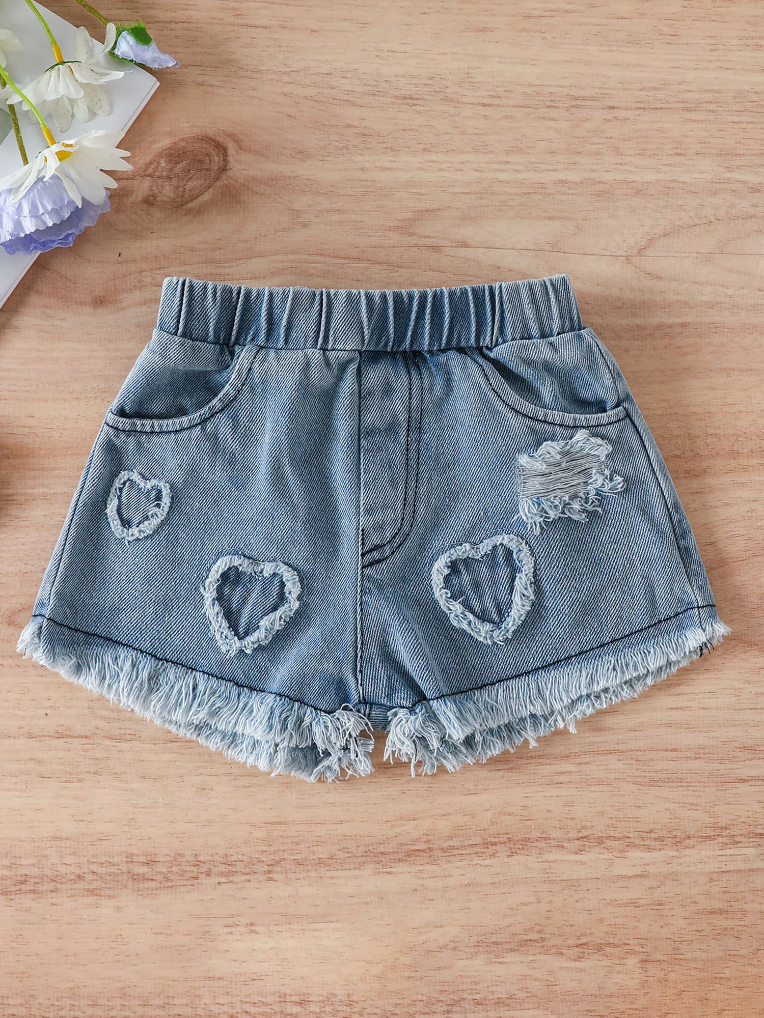 

Blotona Baby Girls 2Pcs Outfit Sleeveless Heart Camisole Tops and Elastic Waist Ripped Denim Shorts Summer Casual Set 3-24Months