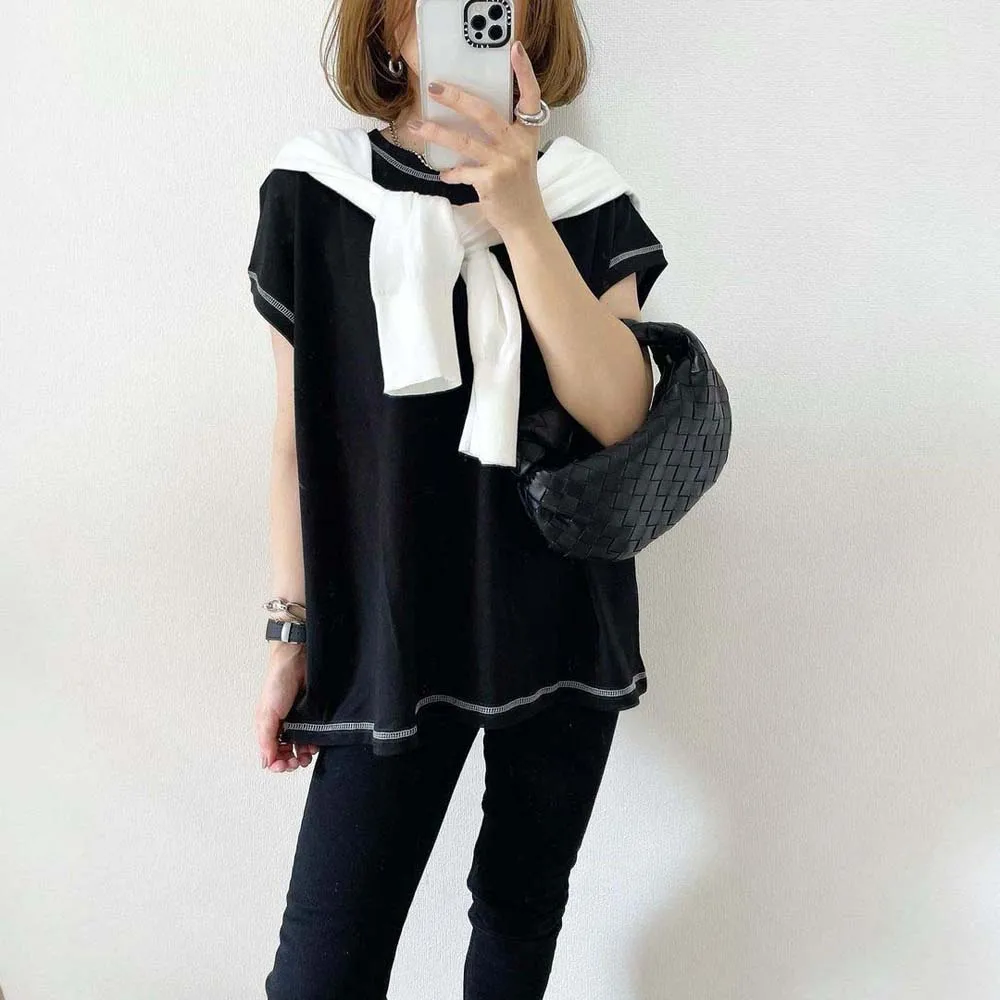 

Tee Black Loose All-match Short-sleeved T-shirt Women's Bright Line Decorative Bottoming Shirt Top Spring Summer New Japan Korea