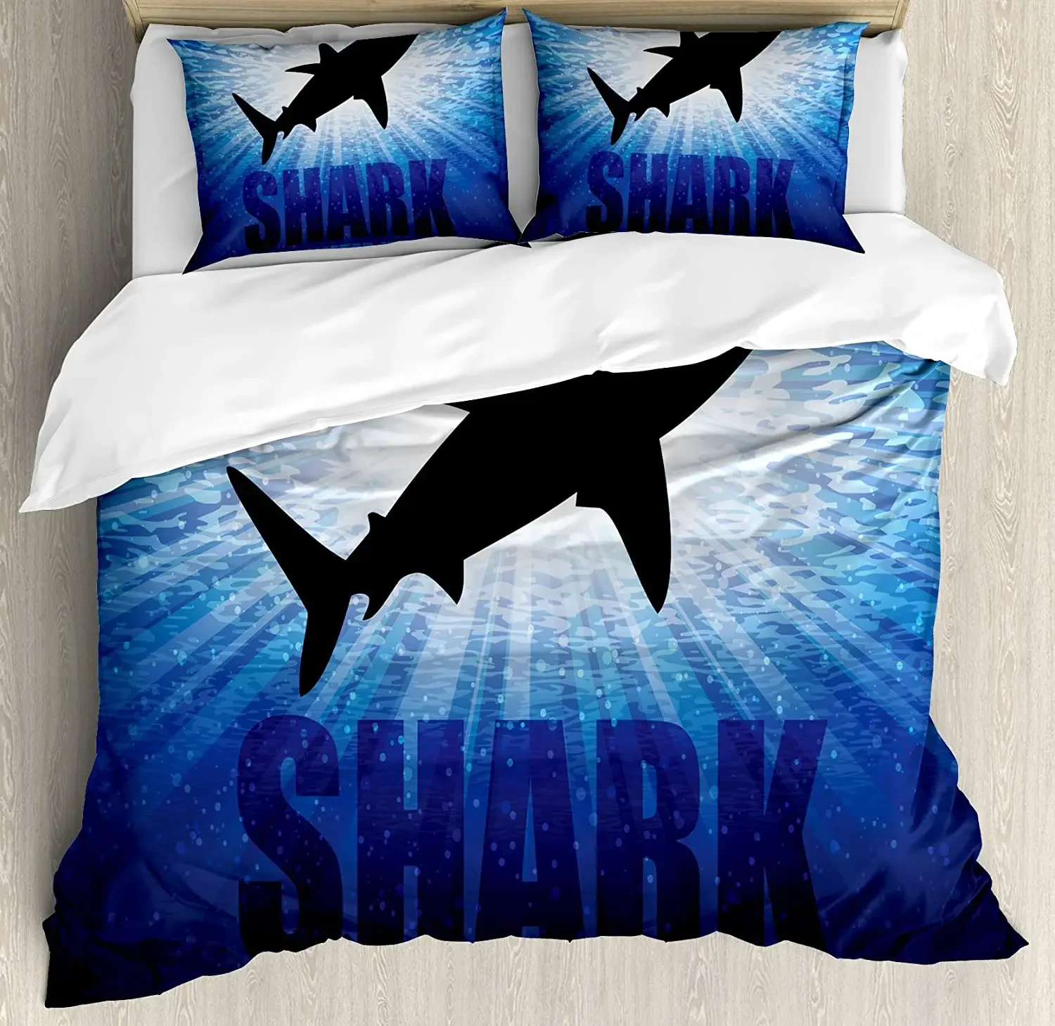 

Shark Bedding Set For Bedroom Bed Home Underwater Hunter Phrase Fish Silhouette in the Oc Duvet Cover Quilt Cover And Pillowcase