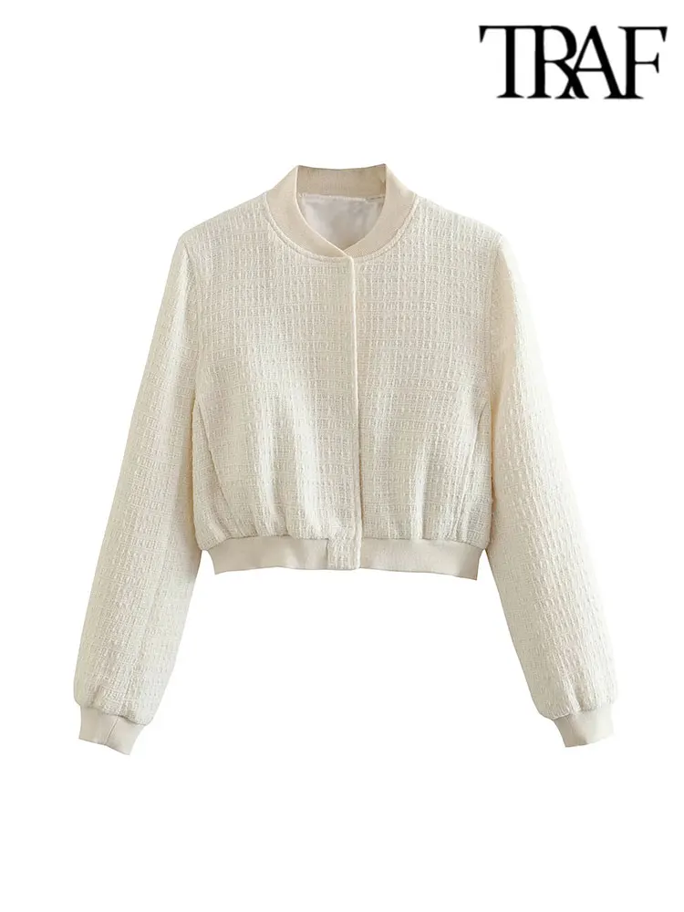 

TRAF Spring Vintage Women Loose Bomber Jacket Buttons Ribbed Trims Long Sleeve Coat Female Crop Top Y2K