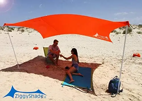 

Family Beach Sunshade \u2013 Lightweight Sun Shade Tent with Sandbag Anchors & 4 Free Pegs | UPF50+ UV Quality Lycra Fabric