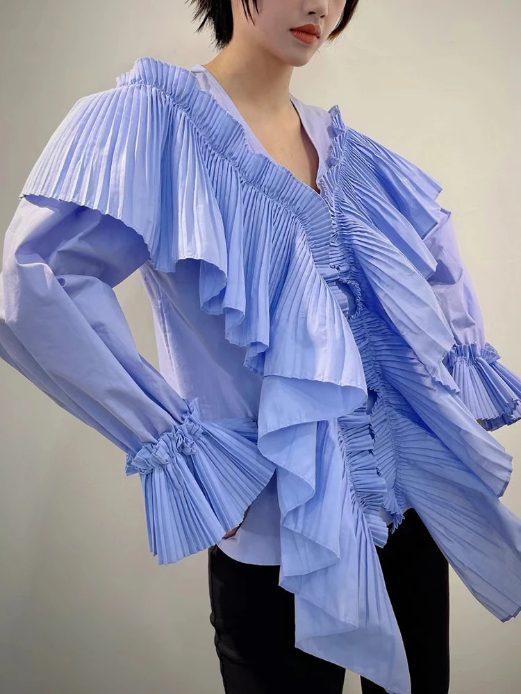 

High Street White Ruffle Trim Shirt For Women V Neck Long Sleeve Solid Fold Pleated Blouse Female Fashion Clothing Style