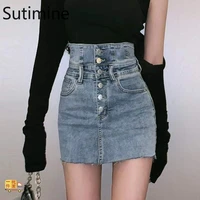 sutimine skirts women high waist button decorate denim bud skirts korean fashion sexy skinny mini black skirts women clothes
