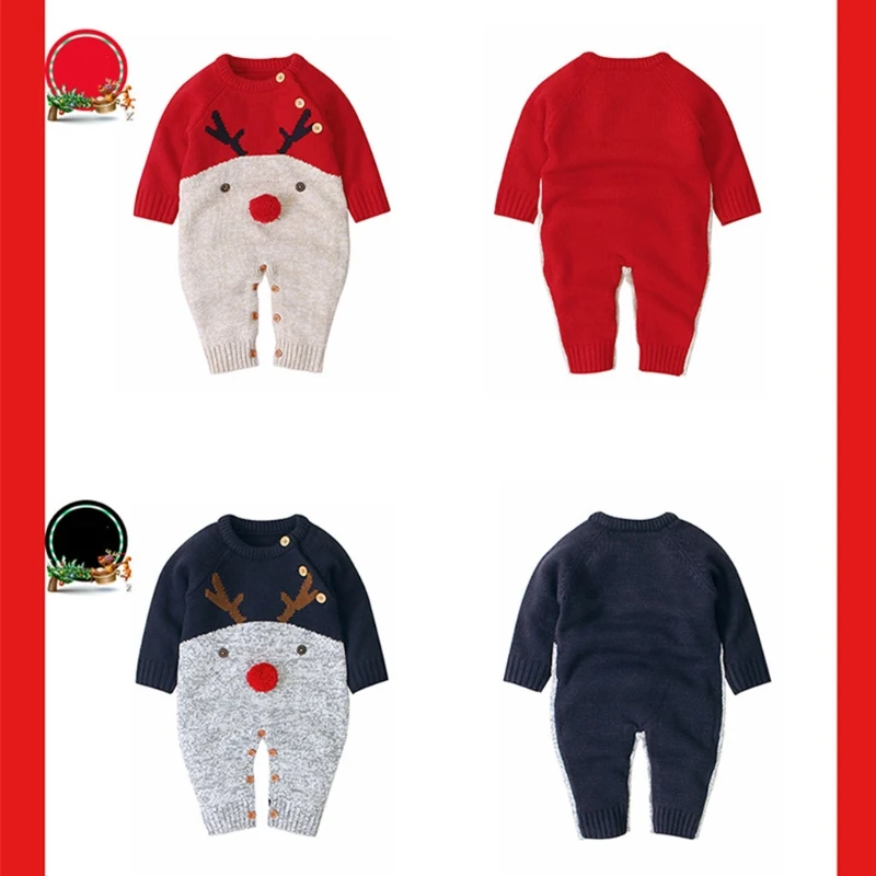 

Baby Christmas Sweater Romper Spring Autumn Knitting Cartoon Reindeer Outfit Newborn Long Sleeve Jumpsuit
