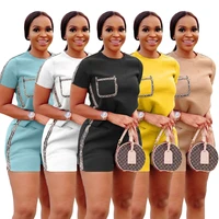 ladies casual suit streetwear summer solid color plus gold trim short sleeve t shirt casual sports two piece set