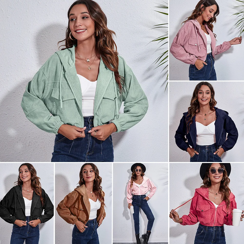 

New Women Spring Autumn Outwear Women Hooded Corduroy Jacket Loose Fall Shoulder Long Sleeve Short Coat Women Jacket