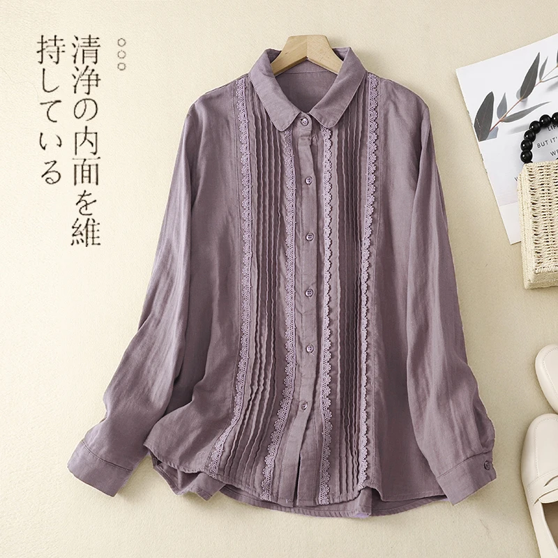 

Винтажная французская плиссированная кружевная хлопковая льняная рубашка с панелью, Женская Весенняя Непринужденная Повседневная рубашк...