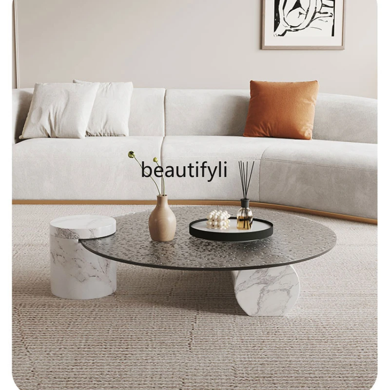 

yj Mild Luxury Marble Water Ripple Glass round Tea Table Simple Modern Creative Tea Table Silent Style