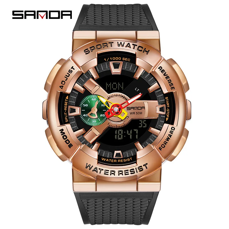

Sanda men 9004 style with raise hand lamp function creative personality Man Double Display Synchronous Movement Electronic Watch