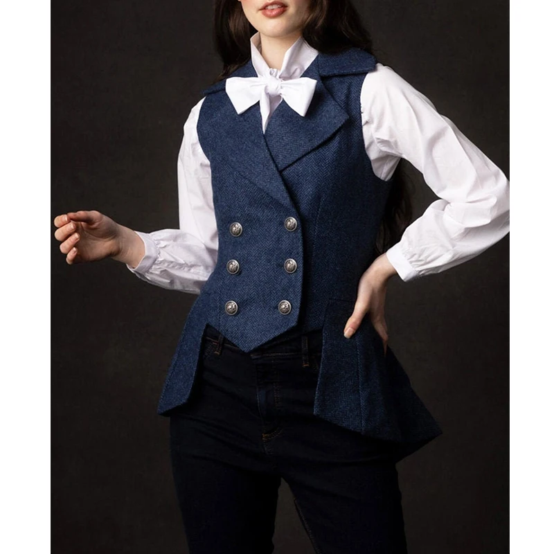 

Woman Vests Lorne Blue Herringbone Tweed Tailored Collar Casual Waistcoat Double Breasted Retro Tooling Waistcoat Wedding Vest