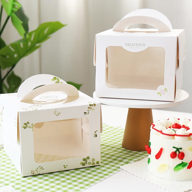 

10PCS 4 Inch 16cm Birthday Cake Box Portable Handle with Open Window Extra High Tall Pastry Bakery Dessert Gift Packaging Leaf