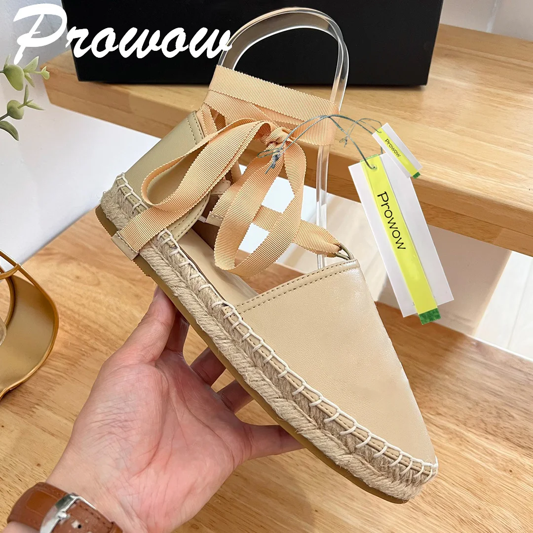 

Prowow New Fashion Leather Luxury Brand Espradrille Flats Round Toe Leather Lace Up Comfortable Shoes Women Zapatos Mujer