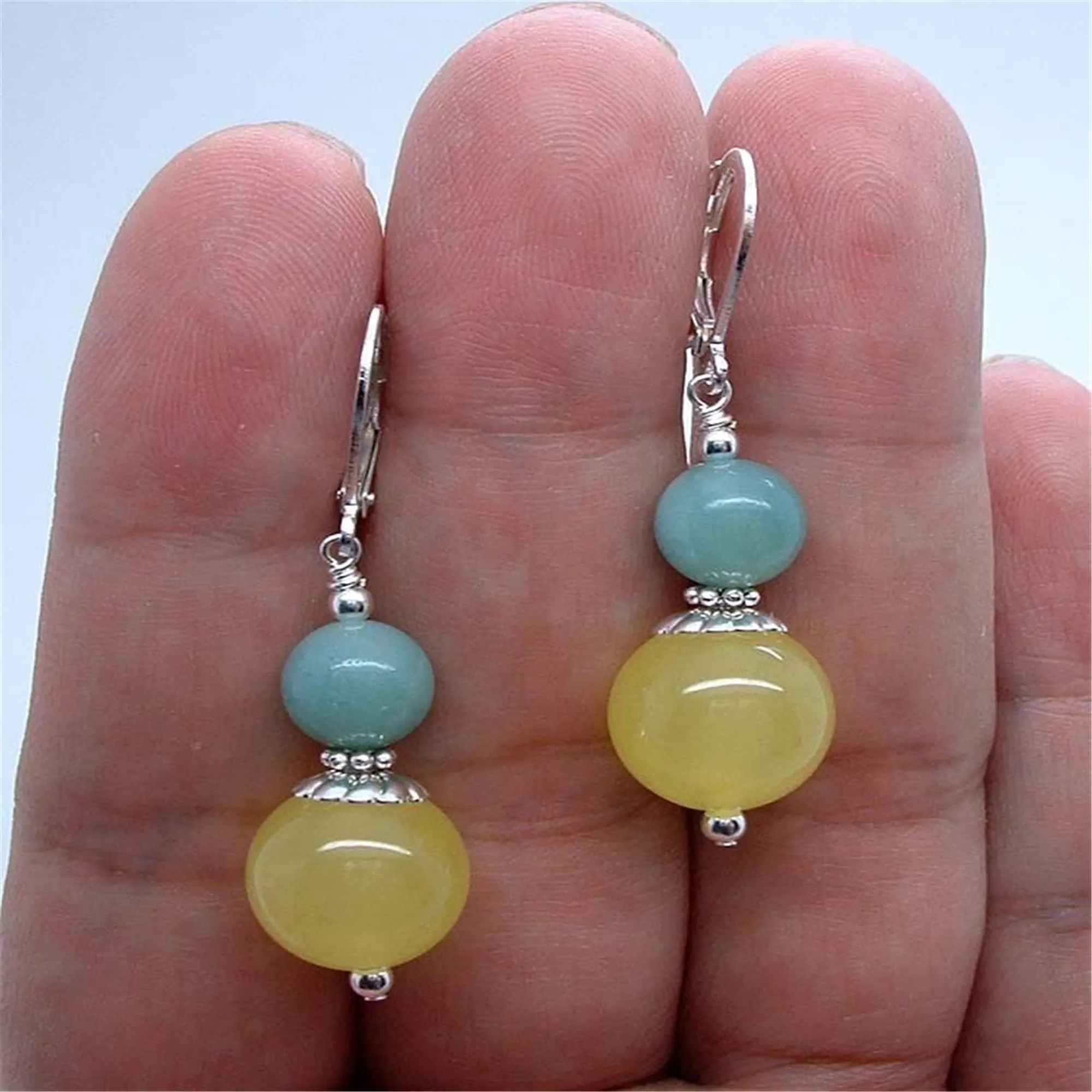 Ярко-желтая Нефритовая Amazonite Серебряные Серьги с драгоценными камнями богемная