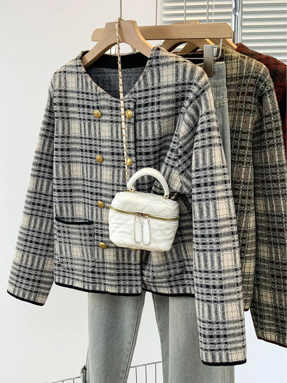 Ankela красная изящная клетчатая шерстяная куртка женская осень и зима больших