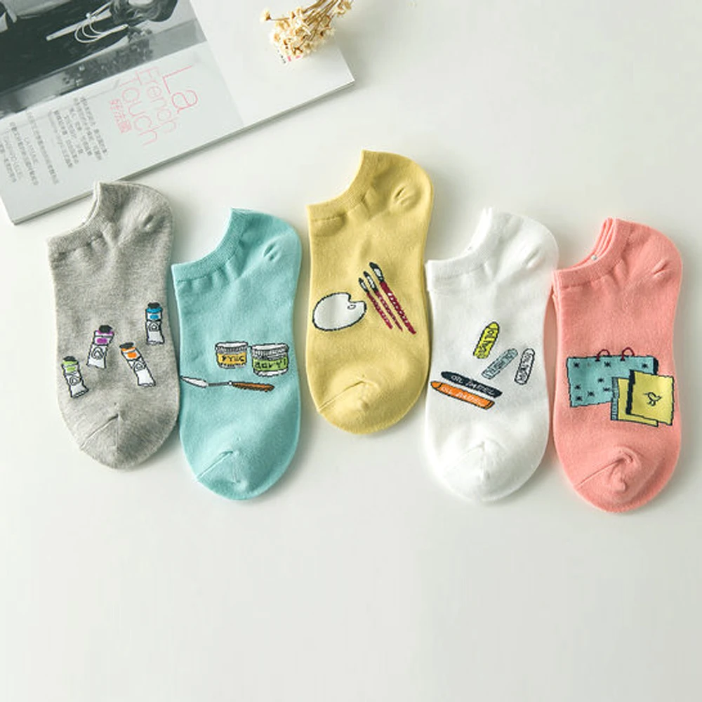

5 Pairs Fashion Woman Harajuku Short Socks Fun Gourmet Pattern Invisible Creative Cotton Breathable Cute Girl Stylist Boat Sox