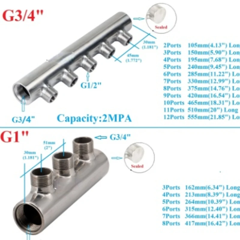 

3/4*1/2 Stainless steel Water Distribution Manifold for Underfloor Heating System(2-12 port) One end open one end closed