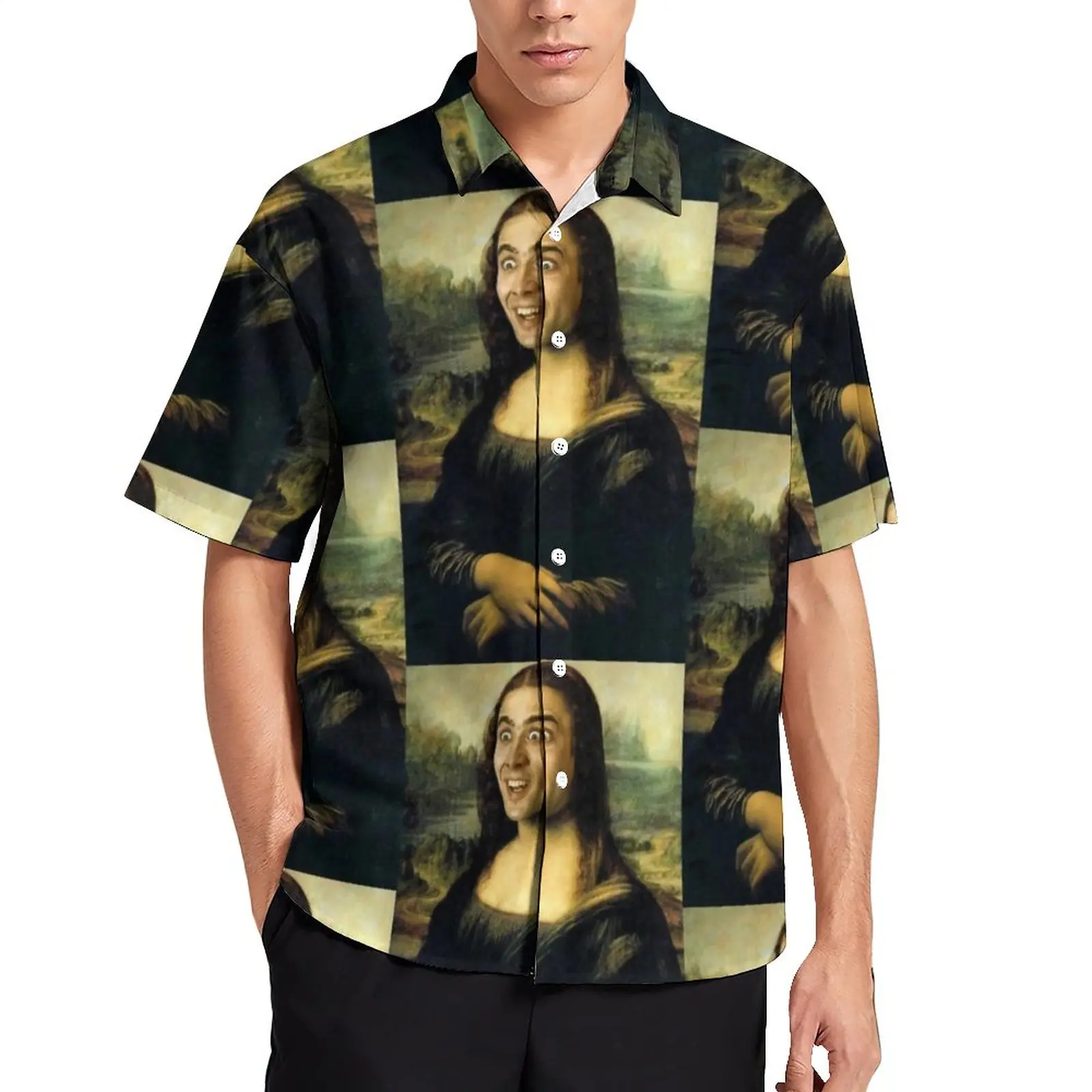 

Nicolas Cage Meme Beach Shirt Funny Mona Lisa Casual Shirts Man Harajuku Blouses Summer Short Sleeves