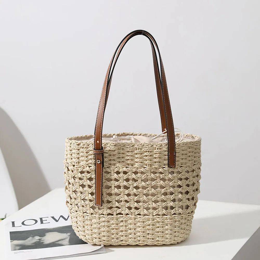 Casual Straw Woven Handbags For Women PU Leather Top-handle Braided Vacation Beach Weave Tote Bag Hollow Out Rattan Satchel