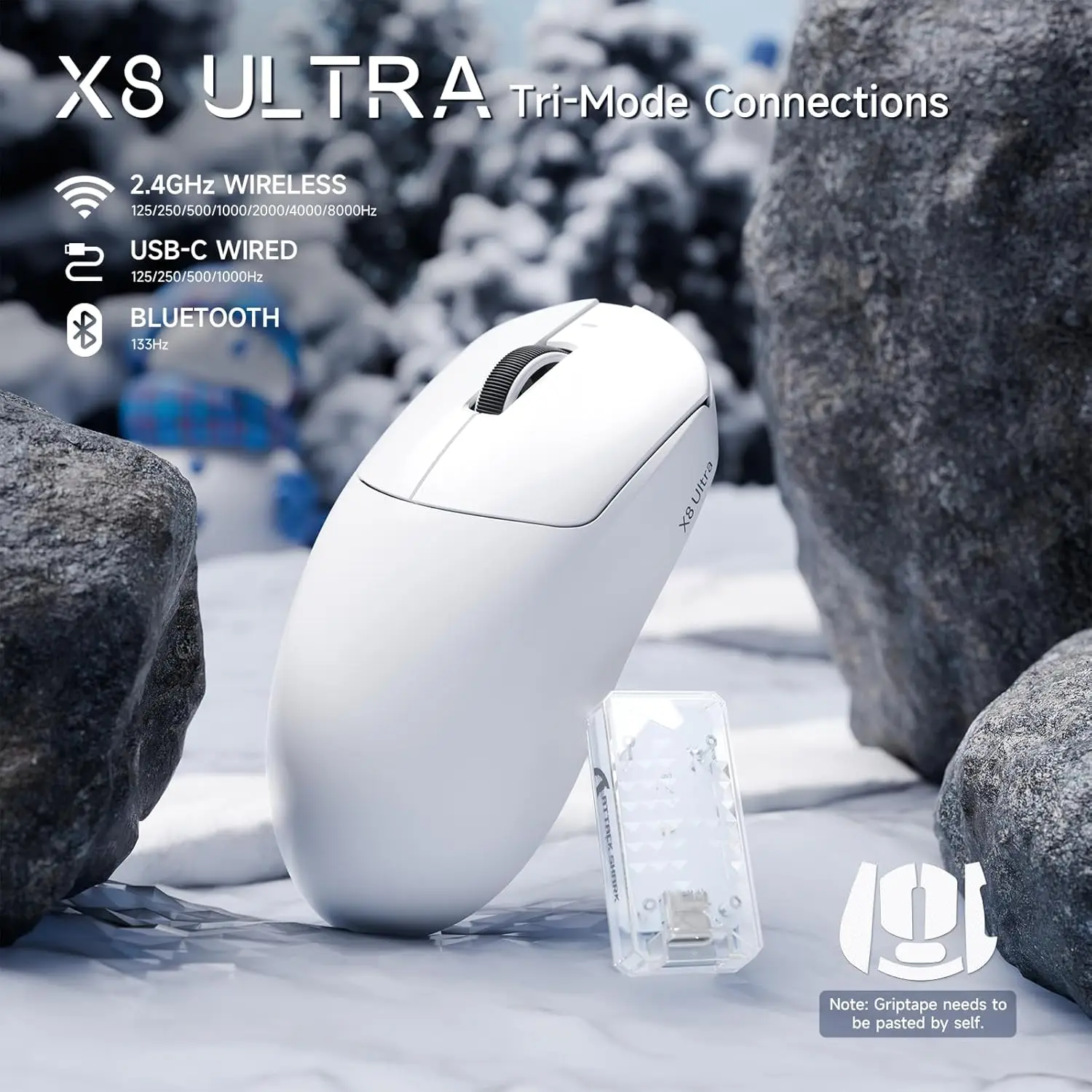Фото Беспроводная игровая мышь ATTACK SHARK X8SE X8 Ultra с сенсором PAW3950MAX 42000 DPI, оптическим датчиком 8000 Гц Nordic 52840, эргономичная №2