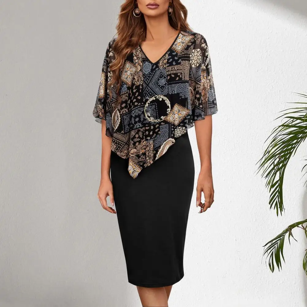 

Summer Gown Dress Fashionable Women's V-neck Chiffon Shawl Midi Dress Slim Fit Fake Two-piece Sheath Style Streetwear Elegance