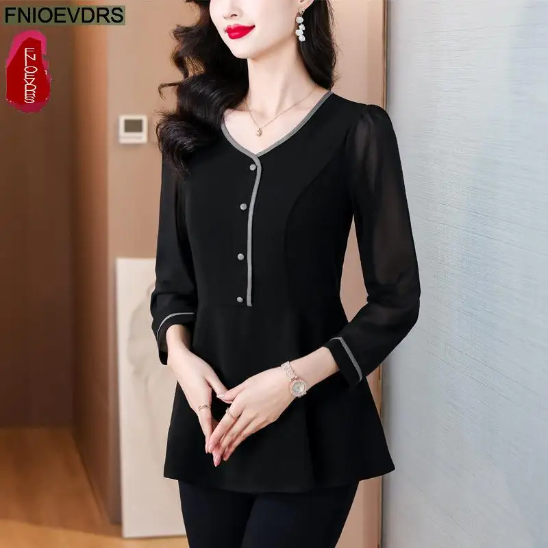 Женская Офисная рубашка с длинным рукавом однотонная черная базовая одежда во