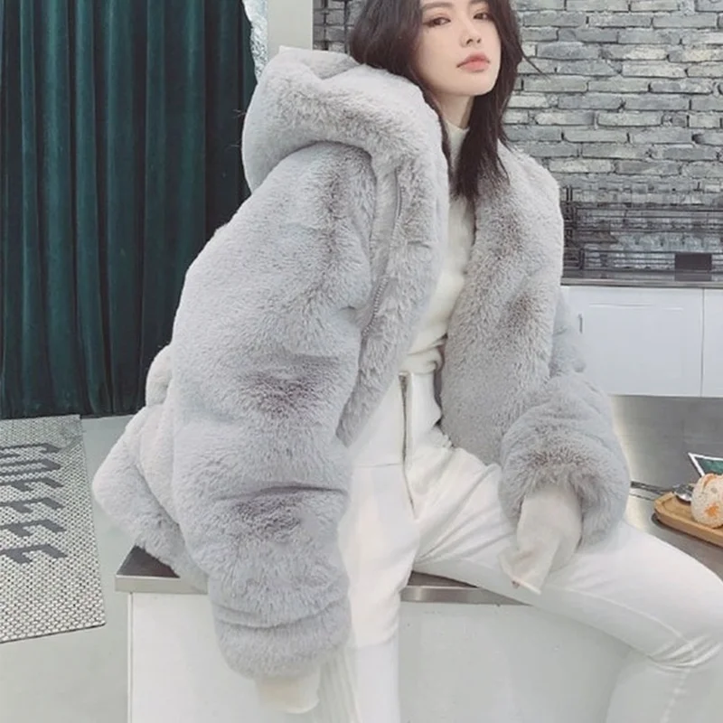 2021 New Rex Rabbit Fur Coats Lady Oversize Thick Winter Hooded Warm Jacket Faux Furs Plush White Coat Fashion Women Parka
