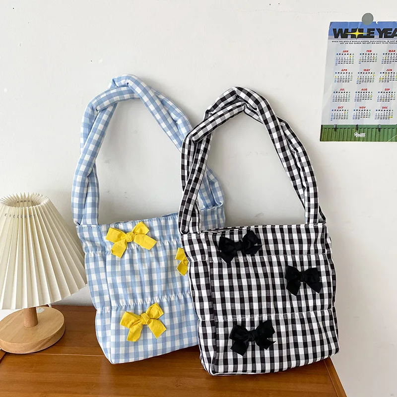 

Casual Underarm Shoulder Bags for Women Waterproof Nylon Handbags Large Capacity Female Cute Plaid Bag Totes Feminina