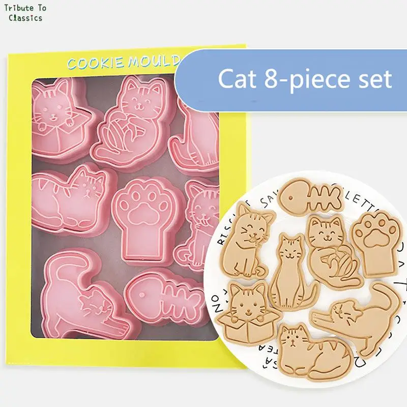

8Pcs/set Cat Cookie Cutters Plastic 3D Cartoon Pressable Biscuit Mold Cookie Stamp Kitchen Baking Pastry Bakeware Tool