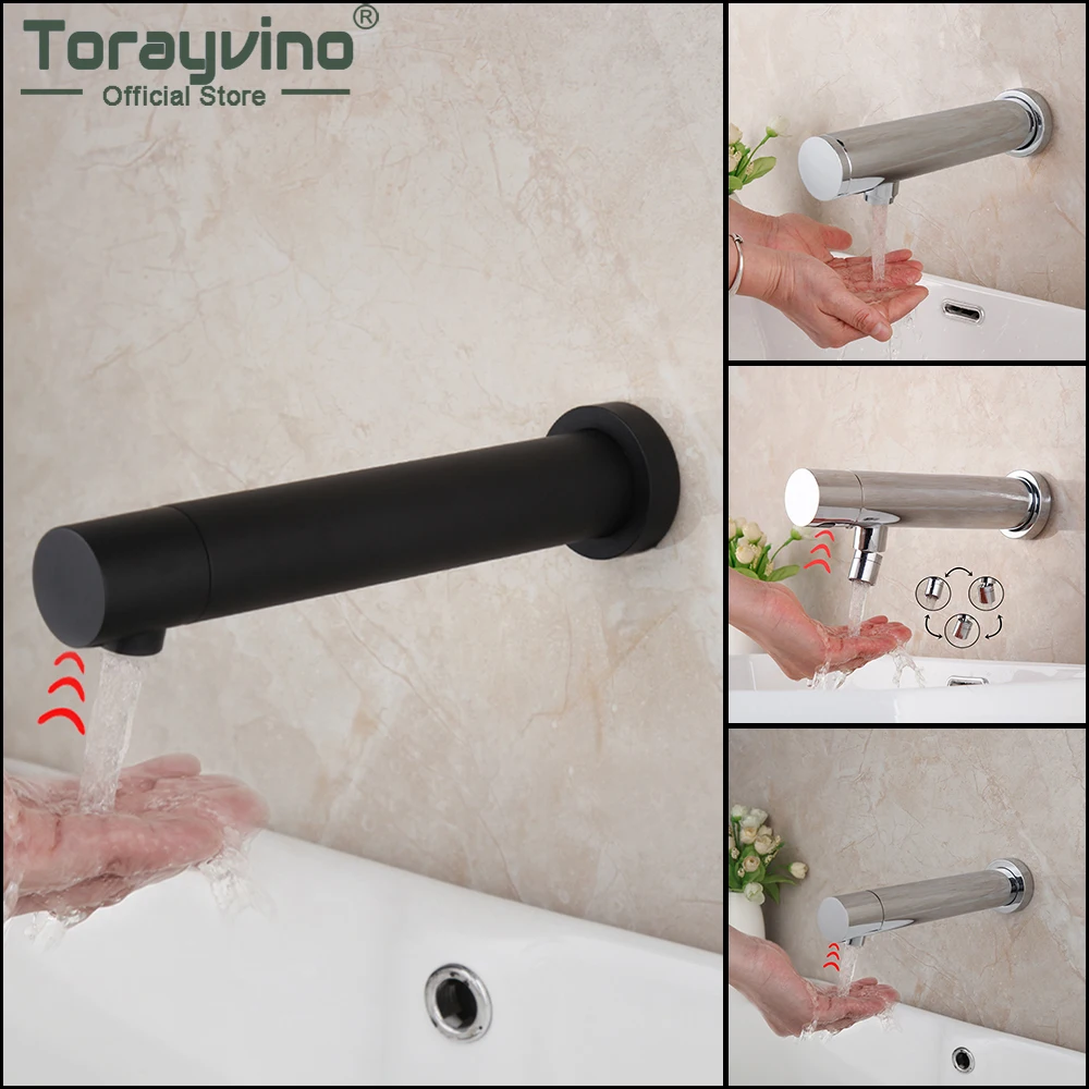 

Torayvino Matte Black Sensor Touch Free Bathroom Automatic Faucet Wall Mount Basin Sink Mixer Water Tap Chrome Only Cold Faucet