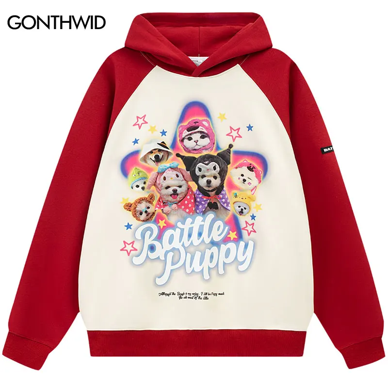 

Толстовка с капюшоном в стиле Харадзюку, уличная одежда, пуловер в стиле пэчворк с забавным рисунком кота, собаки, звезды, Y2K, модная свободная толстовка с капюшоном, 2023